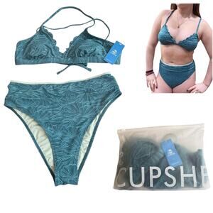NEW Cupshe SWIMSUIT Women's BIKINI Set MED Scalloped Cross Back High Waist Green